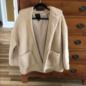 Tan,Sherpa,hooded jacket.Open front. No buttons.